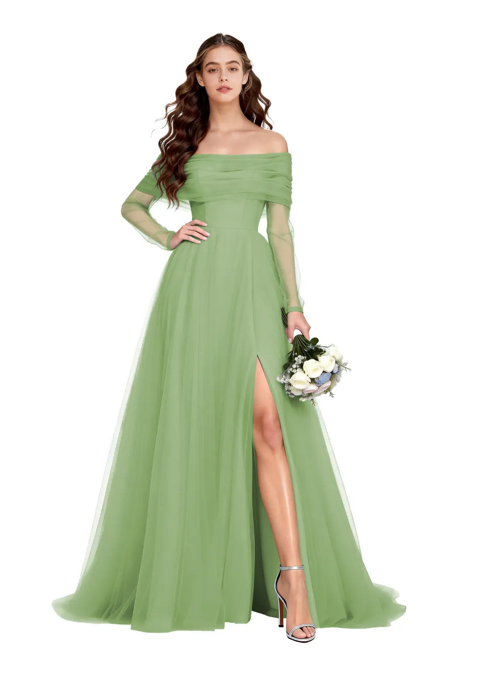 Off-Shoulder Tulle Long Sleeve A-Line Gown with Slit