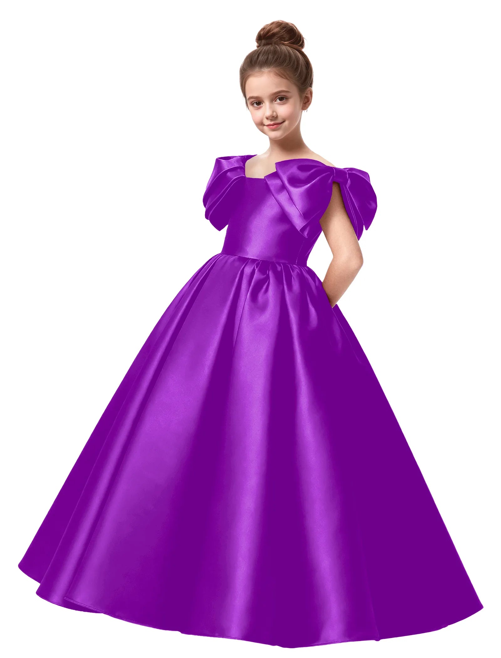 Junior Bridesmaid Satin Dress with Dramatic Bows
