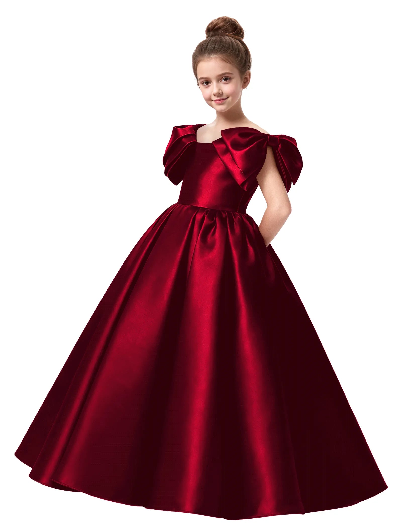 Junior Bridesmaid Satin Dress with Dramatic Bows