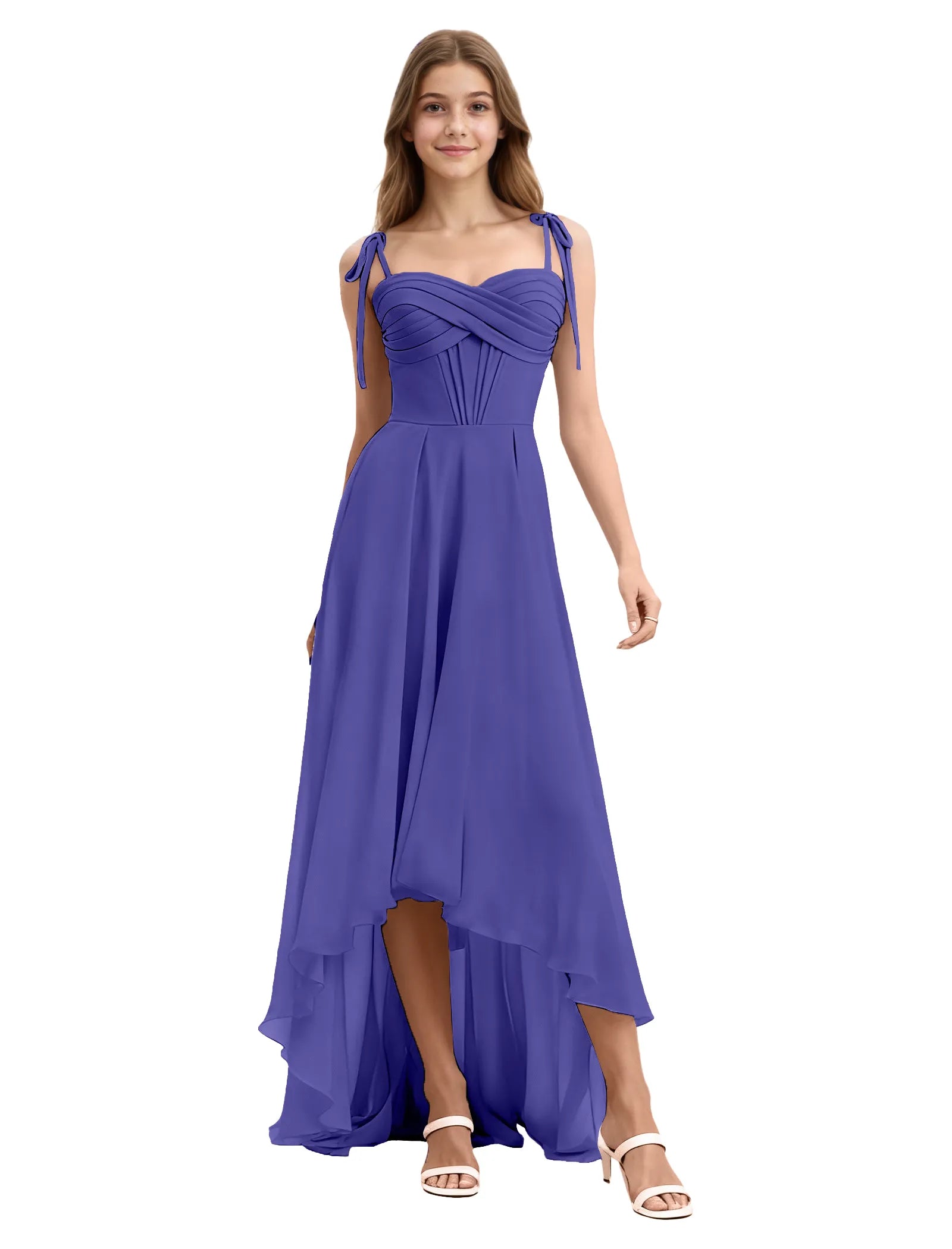Girls High Low Chiffon Dress with Ruched Bodice