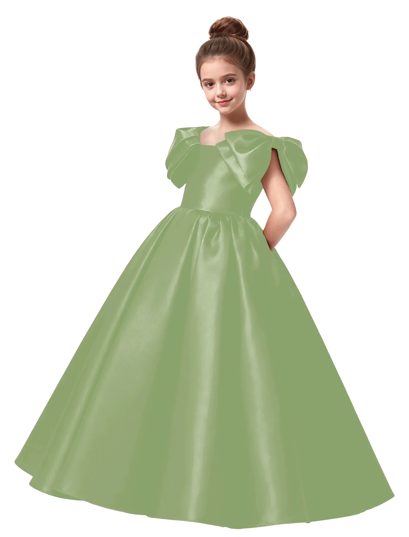 Junior Bridesmaid Satin Dress with Dramatic Bows