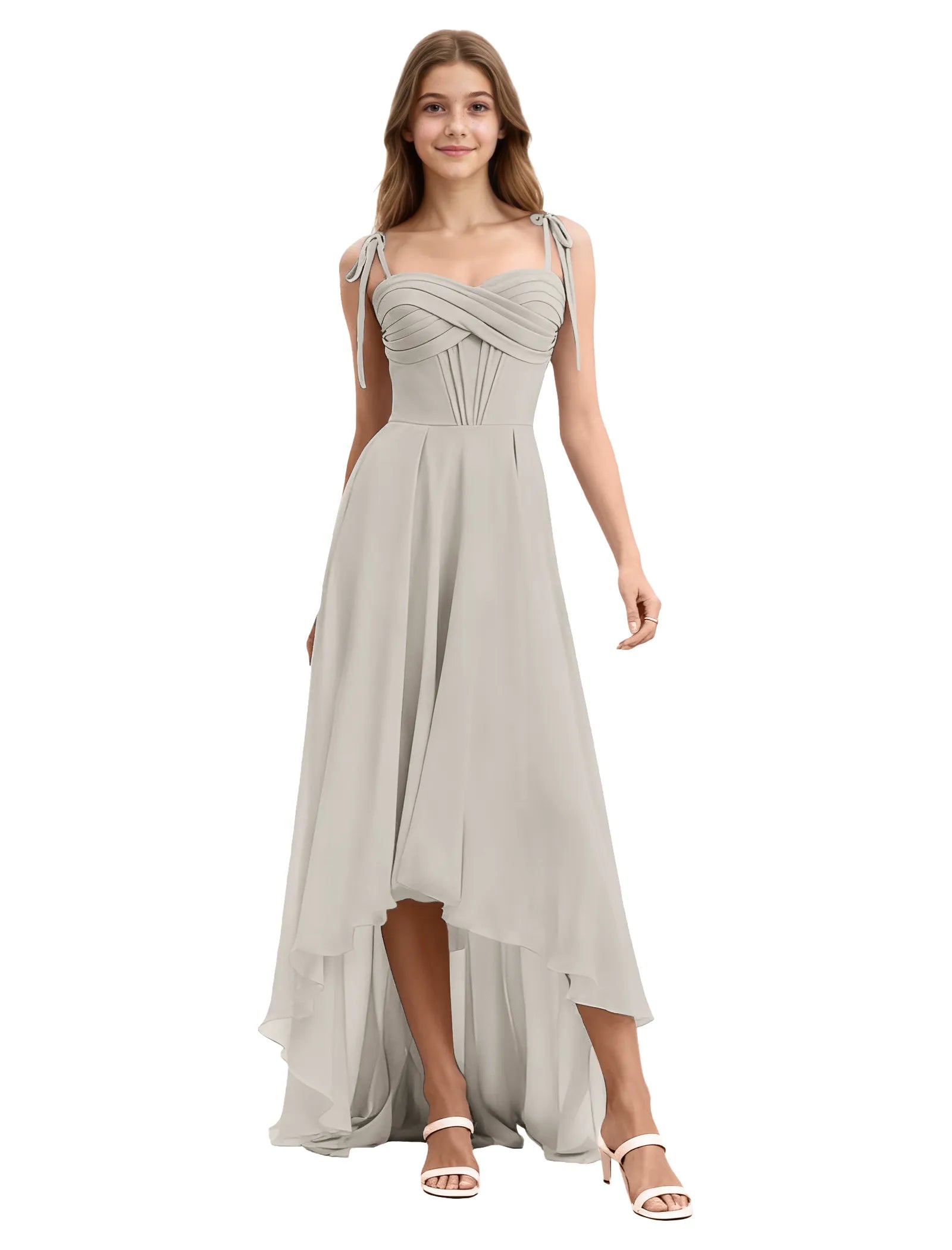 Girls High Low Chiffon Dress with Ruched Bodice