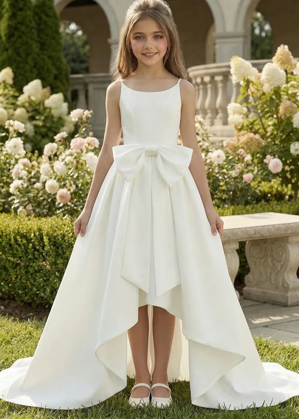 Elegant Bow High-Low Flower Girl Dress