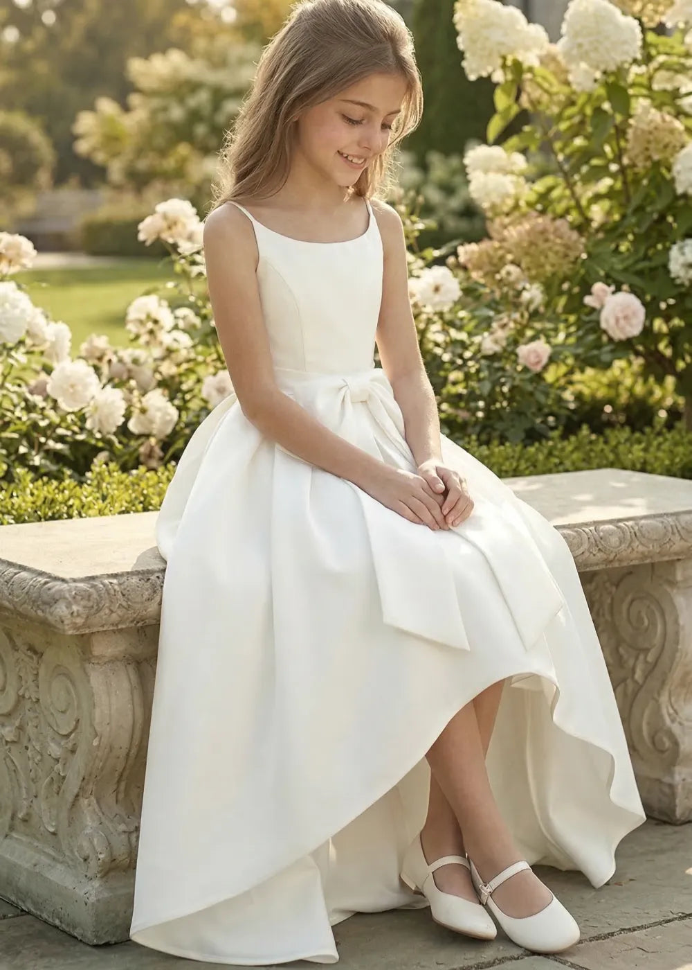 Elegant Bow High-Low Flower Girl Dress