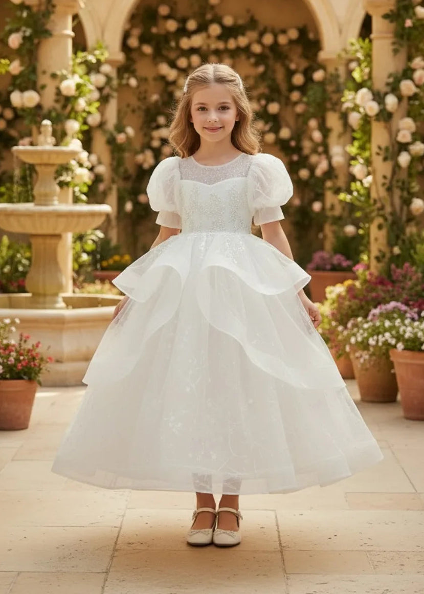 Girls Fairytale Puff Sleeve Flower Girl Dress