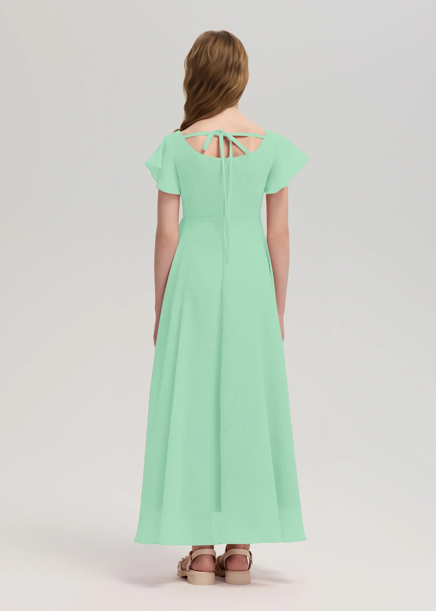 Square Neck Flutter Sleeve Chiffon Dress -[Green]
