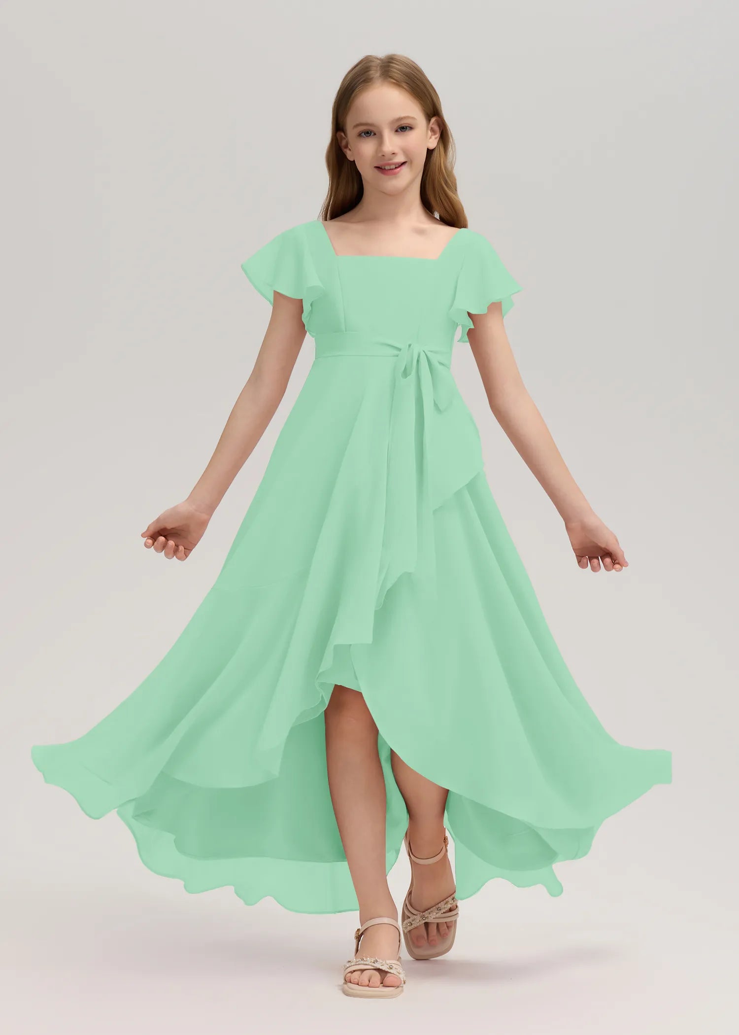 Square Neck Flutter Sleeve Chiffon Dress -[Green]