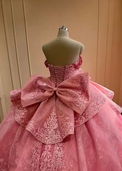 Luxury Lace Tulle Ball Gown with Tiered Ruffles and Bow Back