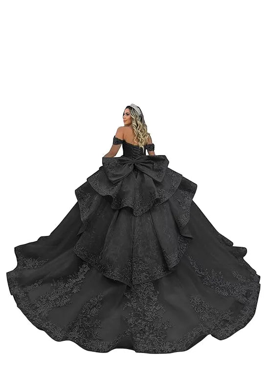 Luxury Lace Tulle Ball Gown with Tiered Ruffles and Bow Back