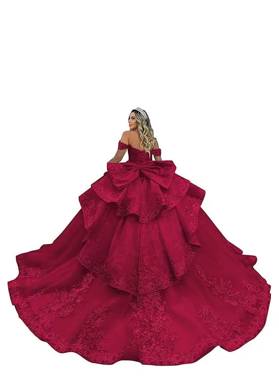 Luxury Lace Tulle Ball Gown with Tiered Ruffles and Bow Back