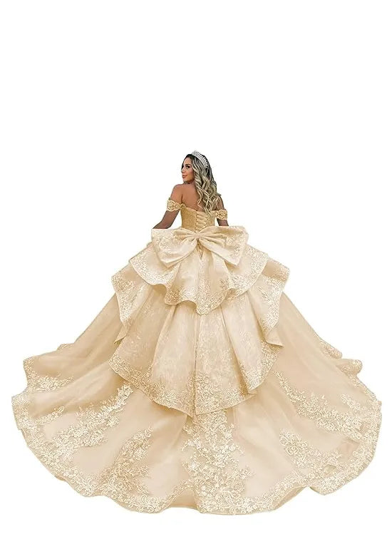Luxury Lace Tulle Ball Gown with Tiered Ruffles and Bow Back