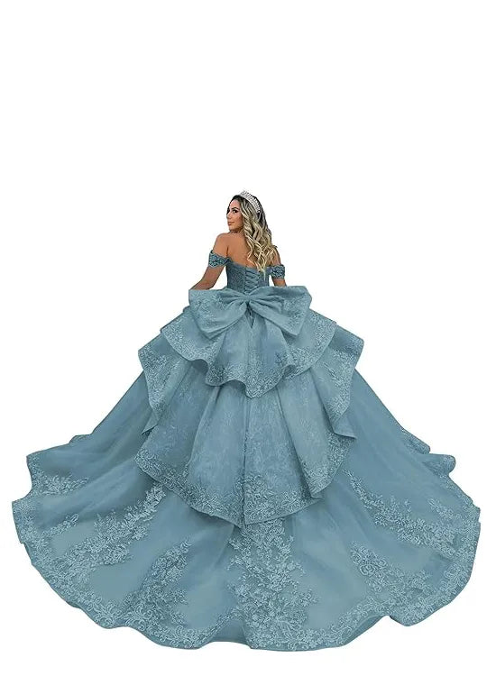 Luxury Lace Tulle Ball Gown with Tiered Ruffles and Bow Back