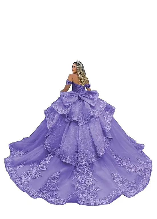 Luxury Lace Tulle Ball Gown with Tiered Ruffles and Bow Back