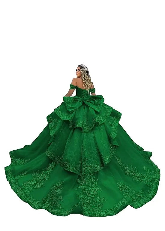 Luxury Lace Tulle Ball Gown with Tiered Ruffles and Bow Back