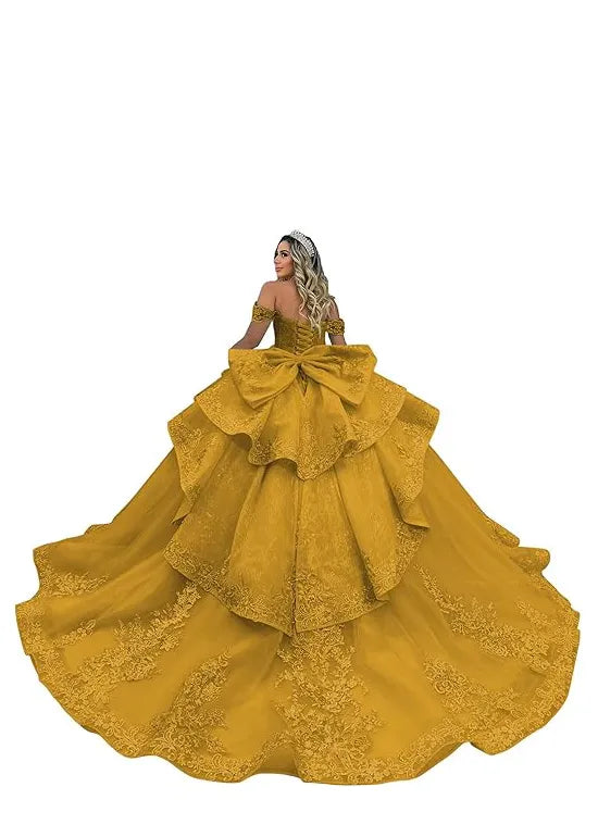 Luxury Lace Tulle Ball Gown with Tiered Ruffles and Bow Back