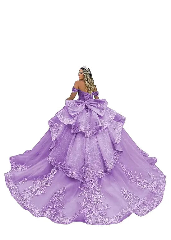 Luxury Lace Tulle Ball Gown with Tiered Ruffles and Bow Back