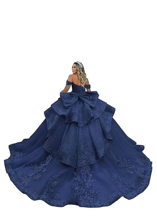 Luxury Lace Tulle Ball Gown with Tiered Ruffles and Bow Back