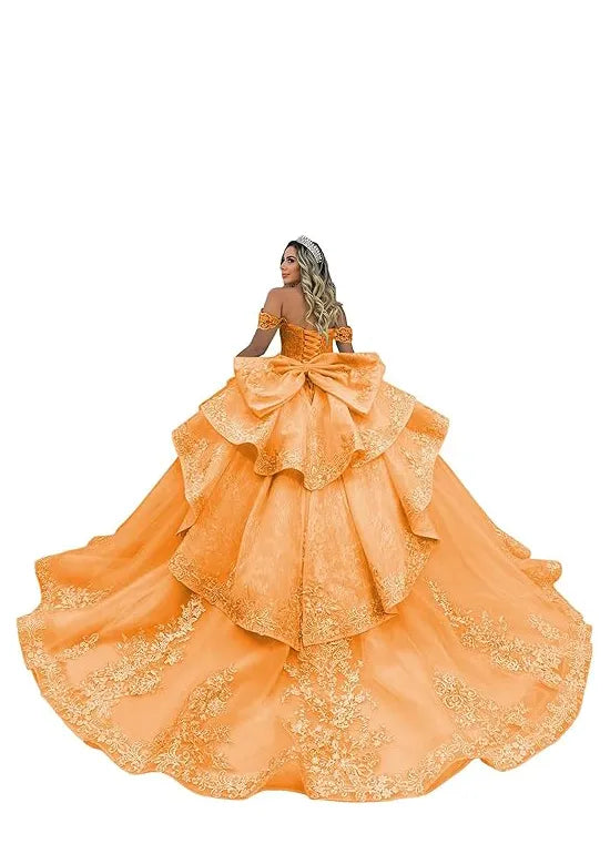 Luxury Lace Tulle Ball Gown with Tiered Ruffles and Bow Back