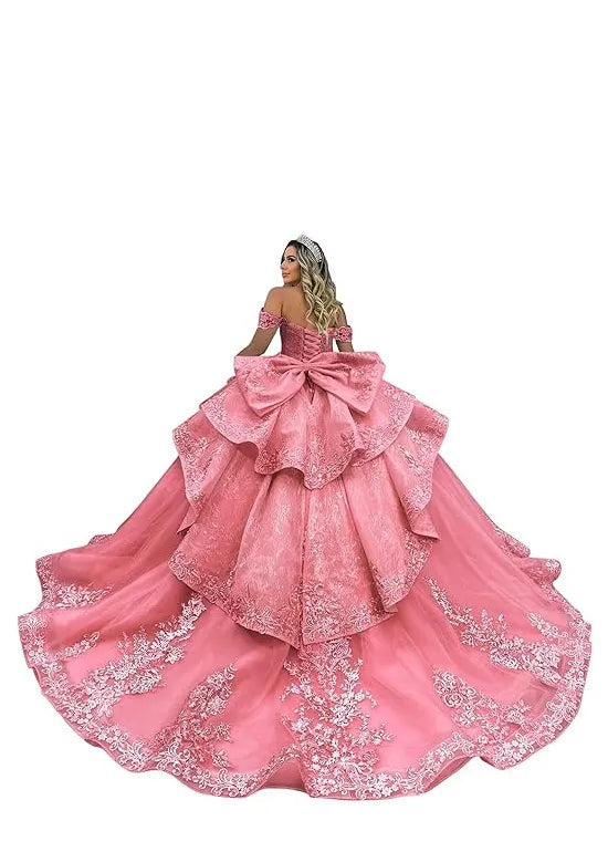 Luxury Lace Tulle Ball Gown with Tiered Ruffles and Bow Back