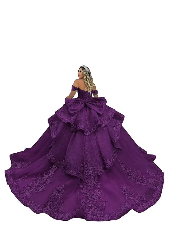Luxury Lace Tulle Ball Gown with Tiered Ruffles and Bow Back