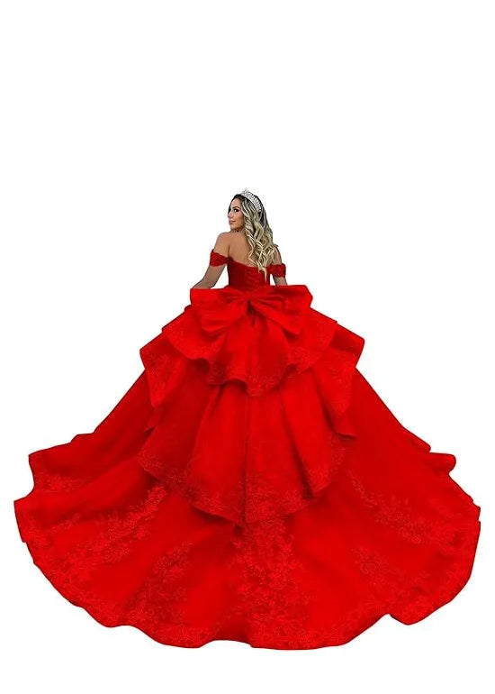 Luxury Lace Tulle Ball Gown with Tiered Ruffles and Bow Back