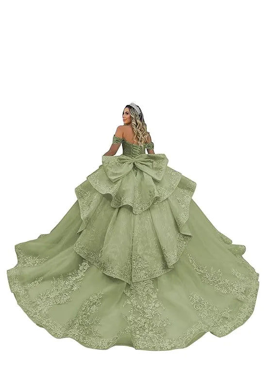 Luxury Lace Tulle Ball Gown with Tiered Ruffles and Bow Back