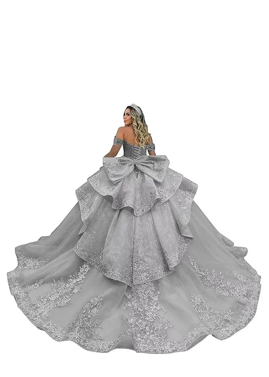 Luxury Lace Tulle Ball Gown with Tiered Ruffles and Bow Back