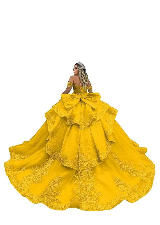 Luxury Lace Tulle Ball Gown with Tiered Ruffles and Bow Back