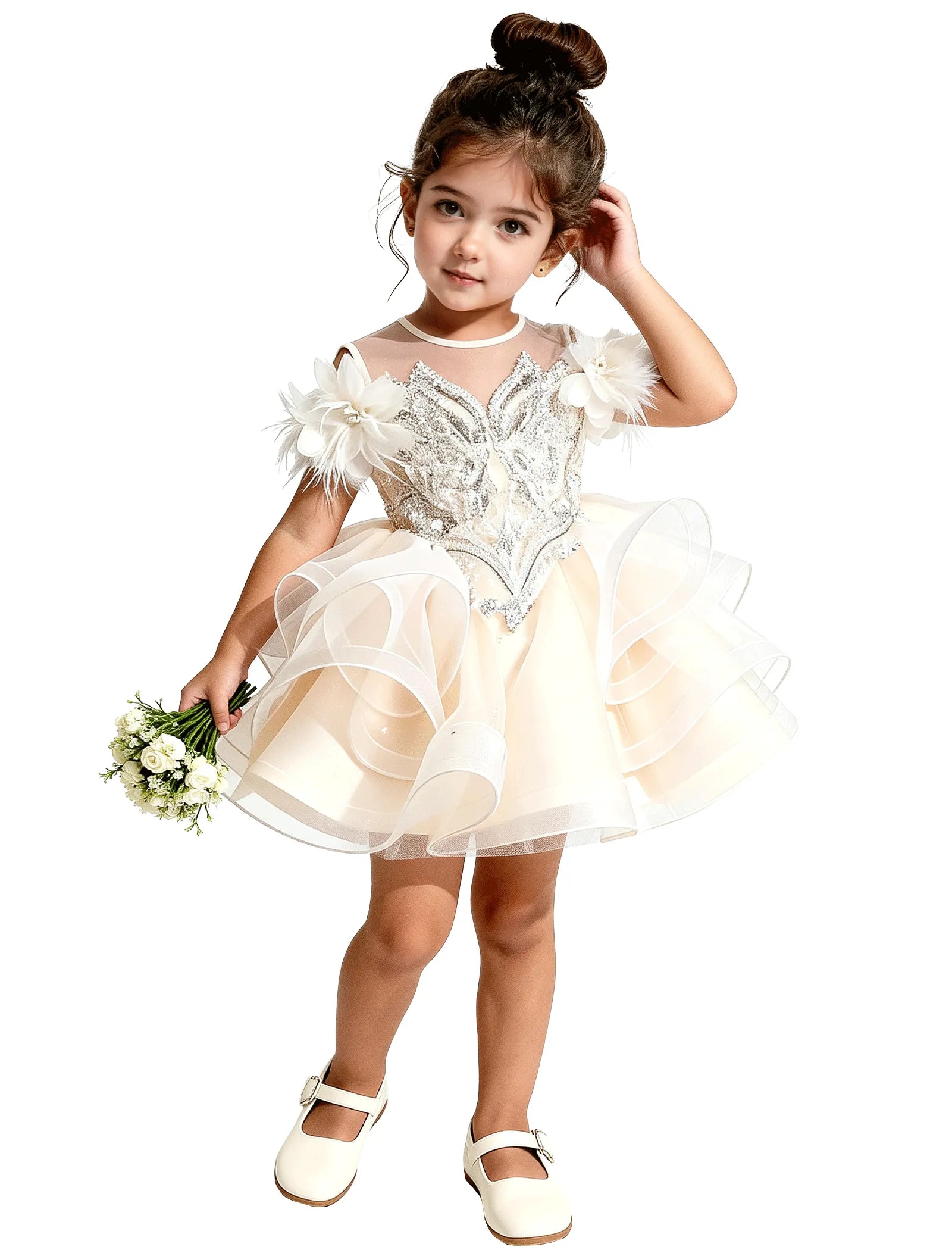 Sequin Floral Flower Girl Dress with Puff Skirt