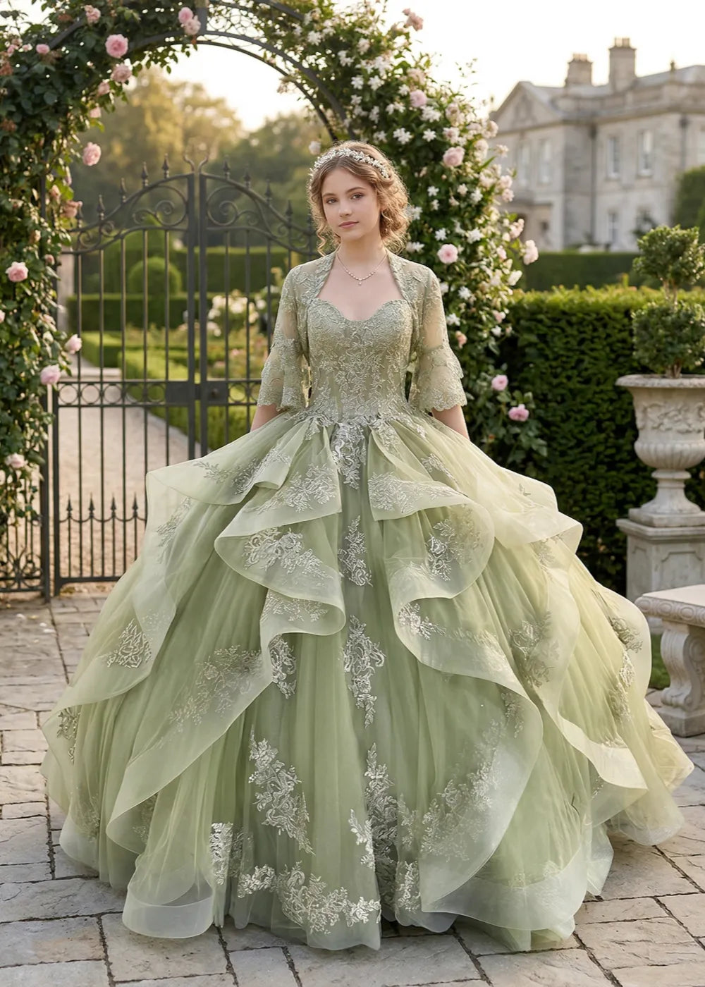Elegant Two-Piece Garden Lace Tulle Ball Gown with Ruffles