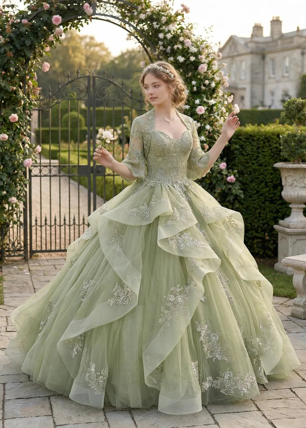 Elegant Two-Piece Garden Lace Tulle Ball Gown with Ruffles
