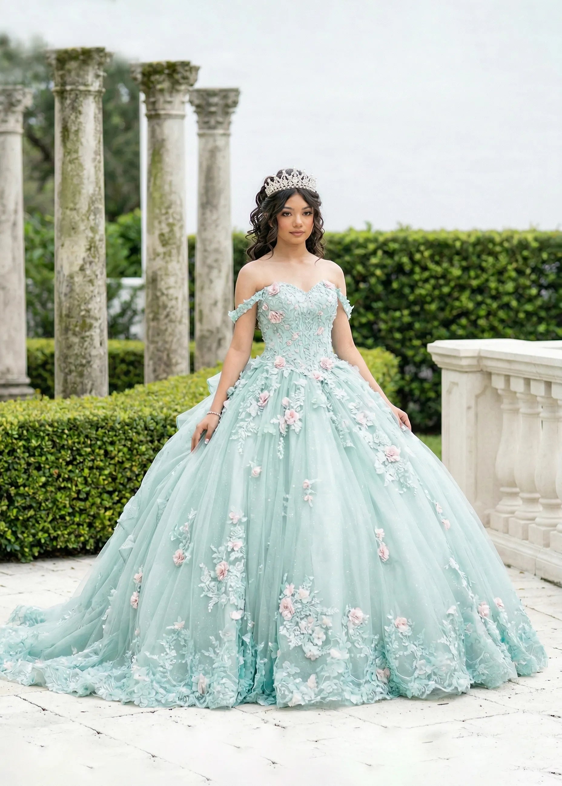 Off Shoulder Flower Embroidered Tulle Wedding Dress