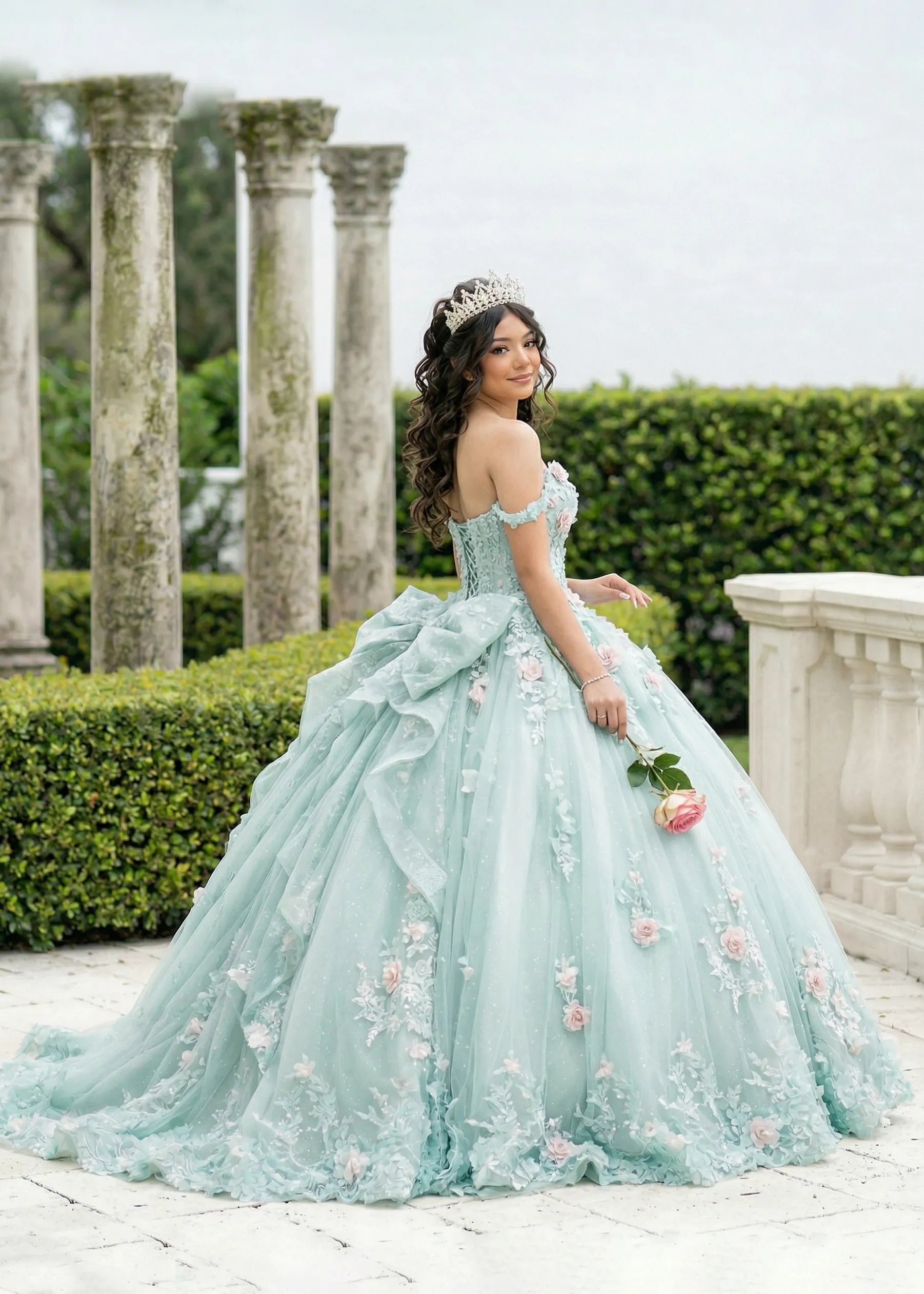 Off Shoulder Flower Embroidered Tulle Wedding Dress