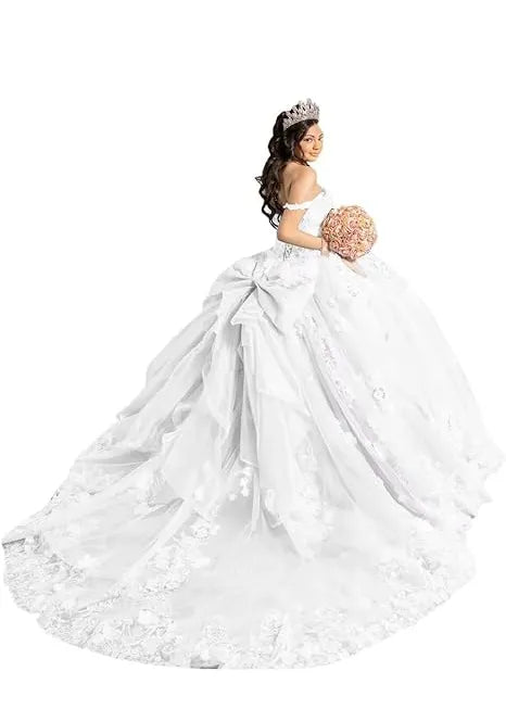 Off Shoulder Flower Embroidered Tulle Wedding Dress