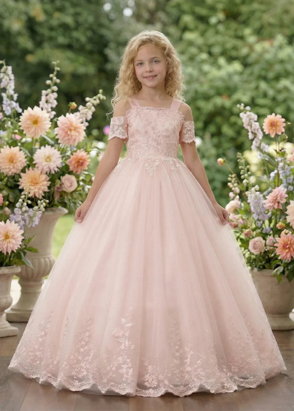 Classic Princess Style Girls Formal Tulle Dress with Layered Skirt