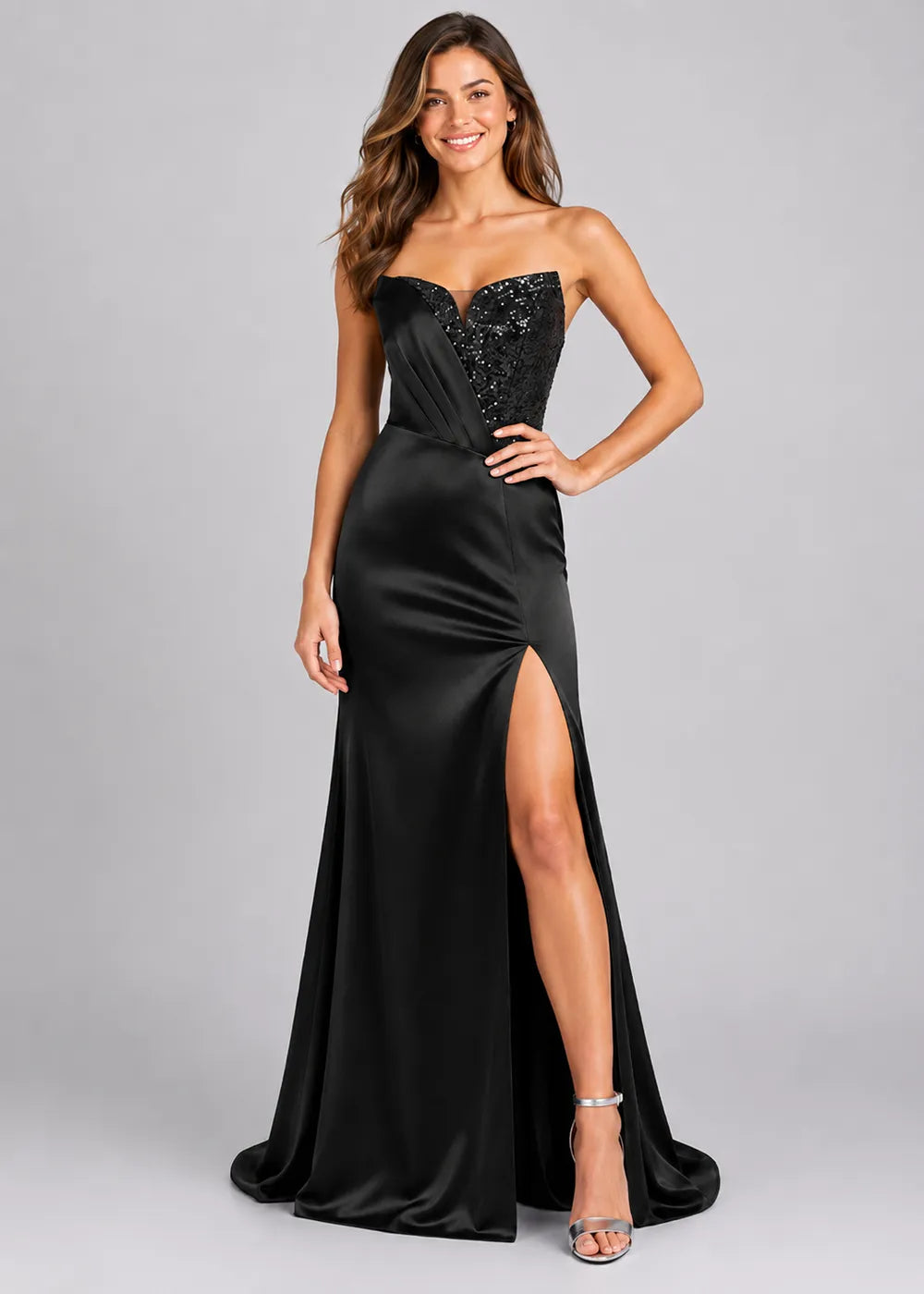 Luxury Beaded Satin Mermaid Gown with High Slit