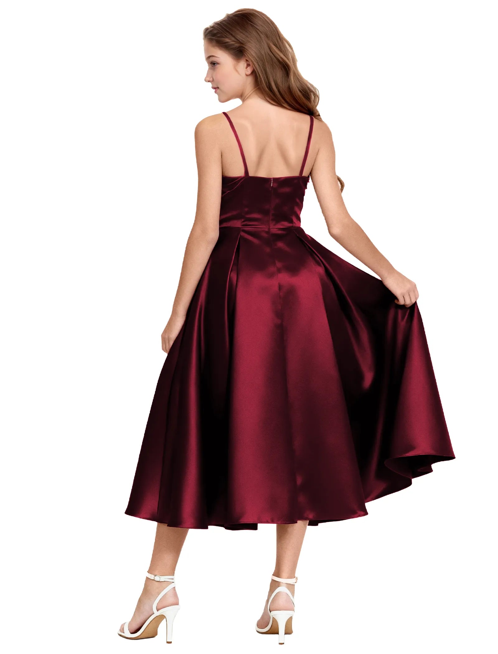 Elegant Satin Midi Dress for Girls with Spaghetti Straps
