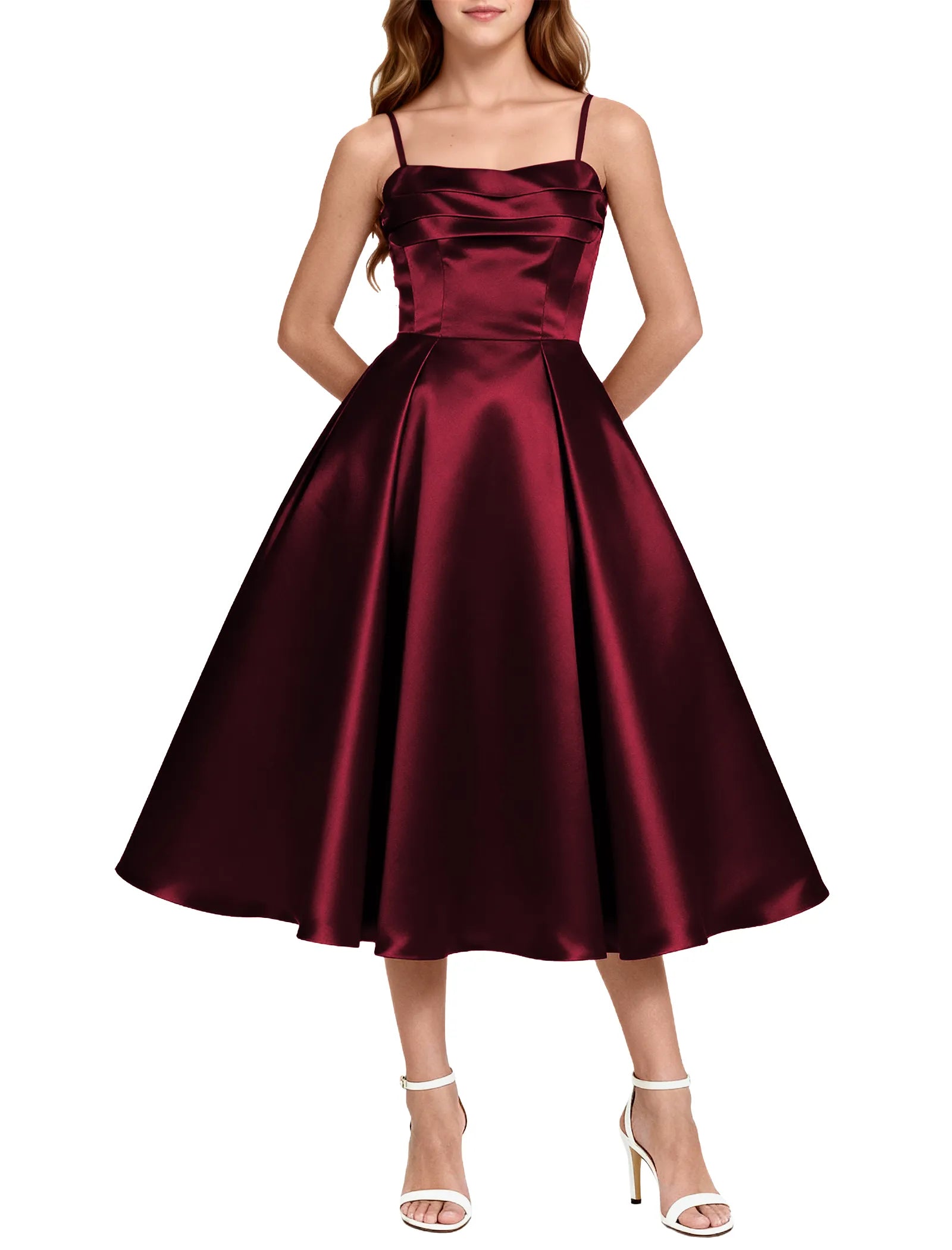 Elegant Satin Midi Dress for Girls with Spaghetti Straps