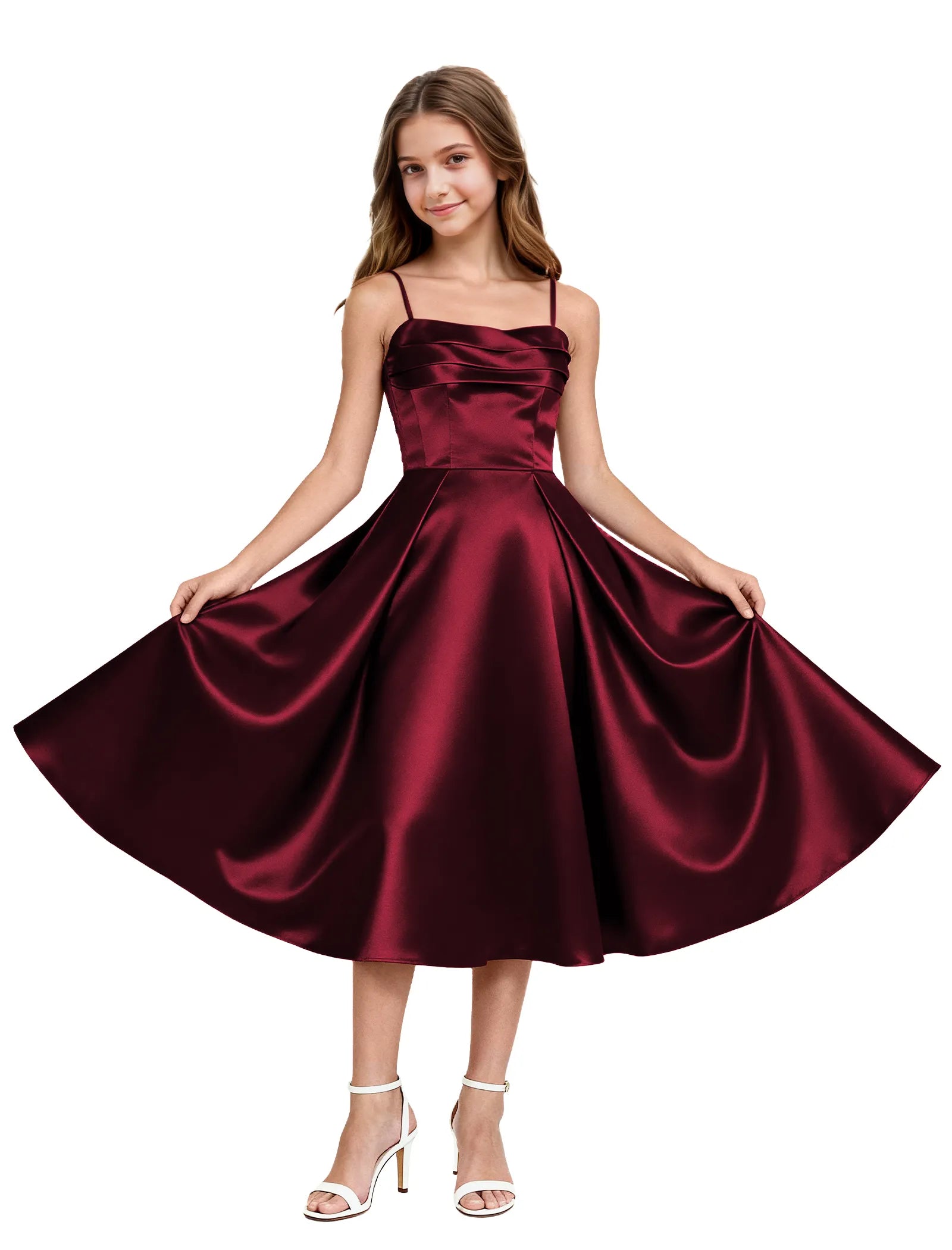 Elegant Satin Midi Dress for Girls with Spaghetti Straps