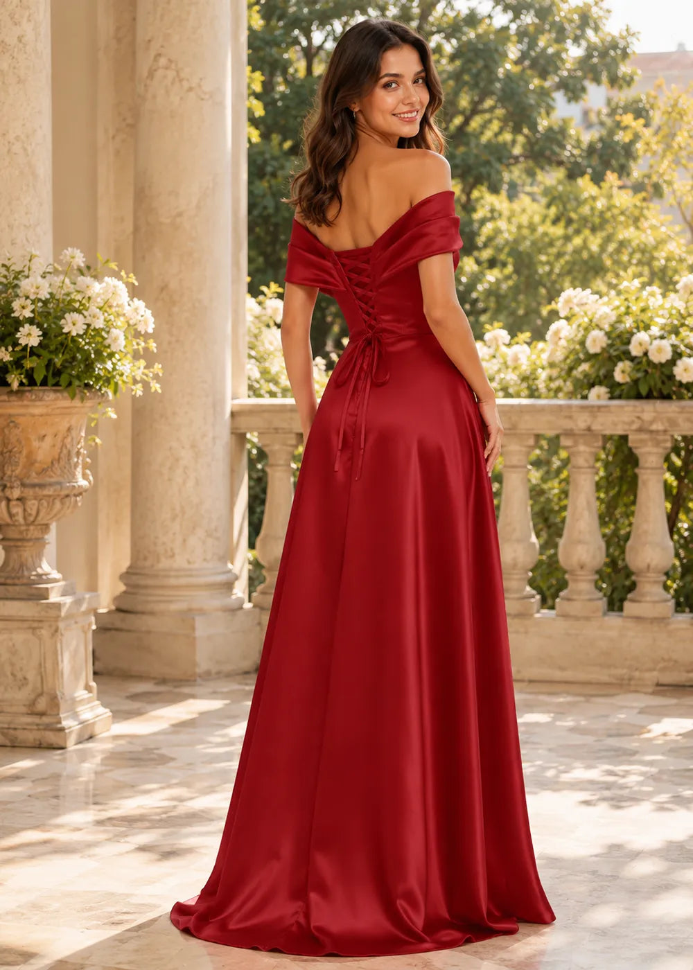 Aurelia Draped Off-Shoulder Satin Evening Gown