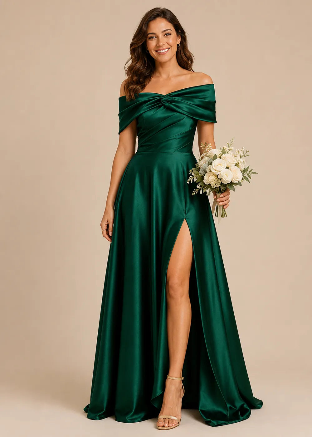 Aurelia Draped Off-Shoulder Satin Evening Gown