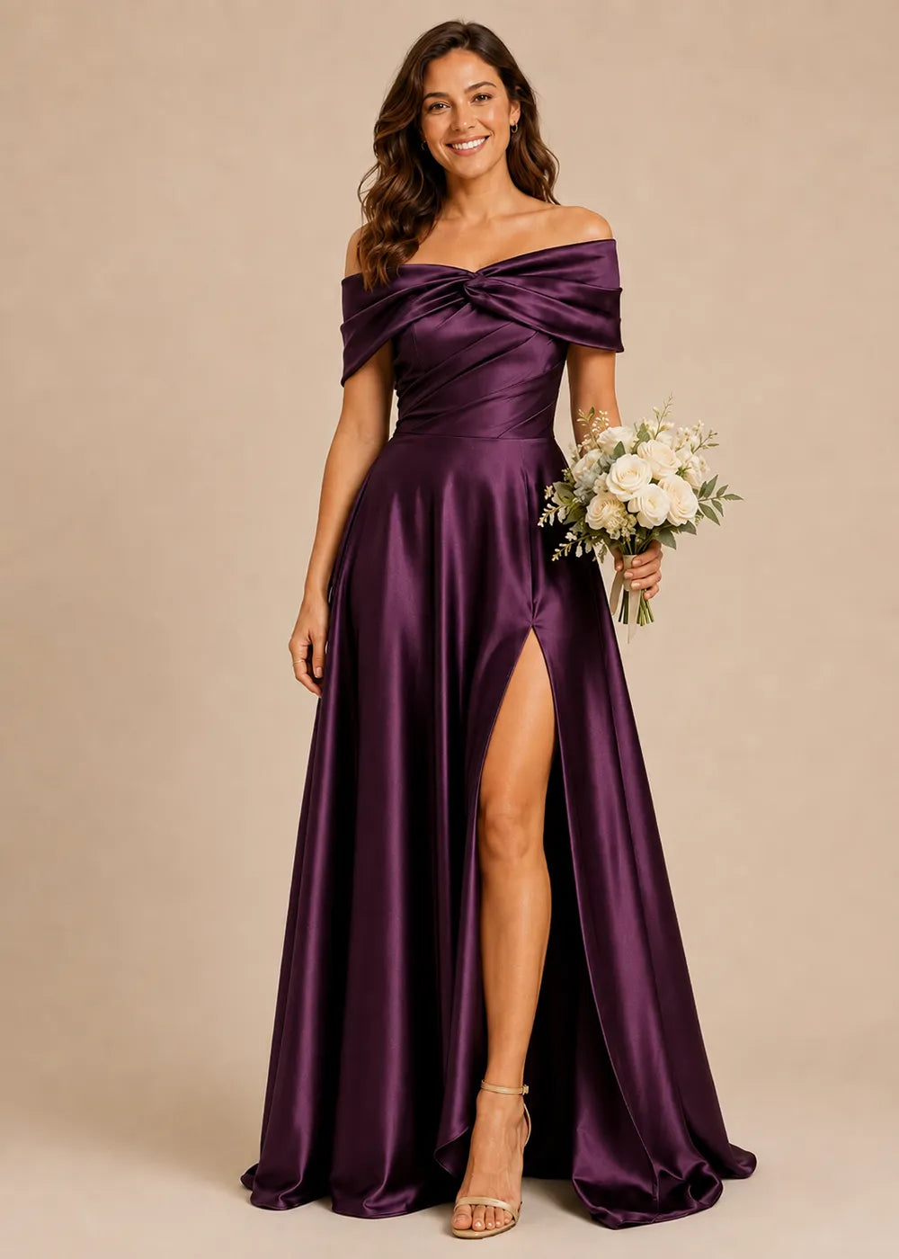 Aurelia Draped Off-Shoulder Satin Evening Gown