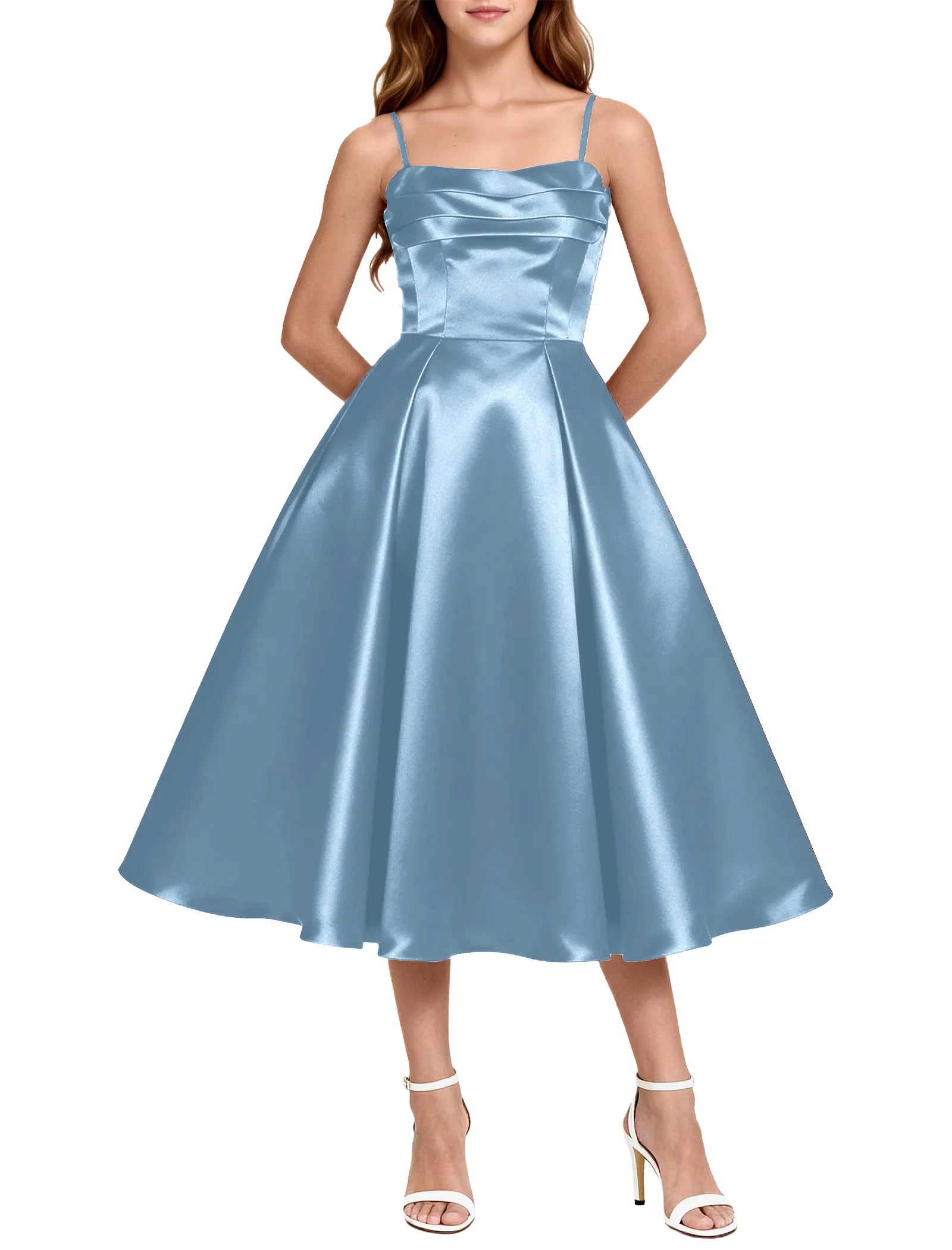 Elegant Satin Midi Dress for Girls with Spaghetti Straps