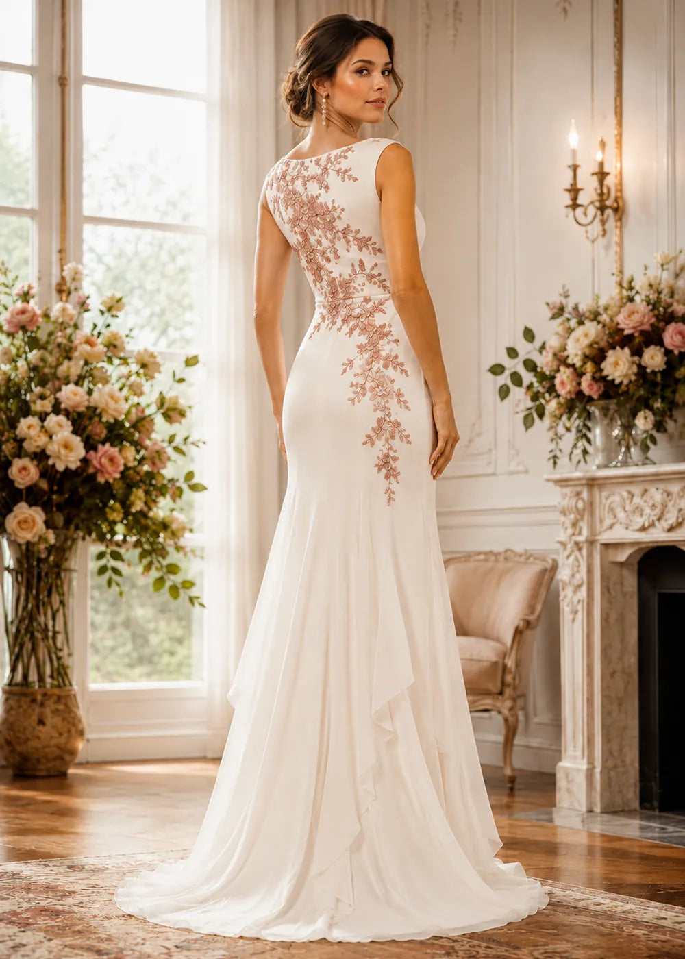 Floral Embellished Ruffle-Hem Formal Gown