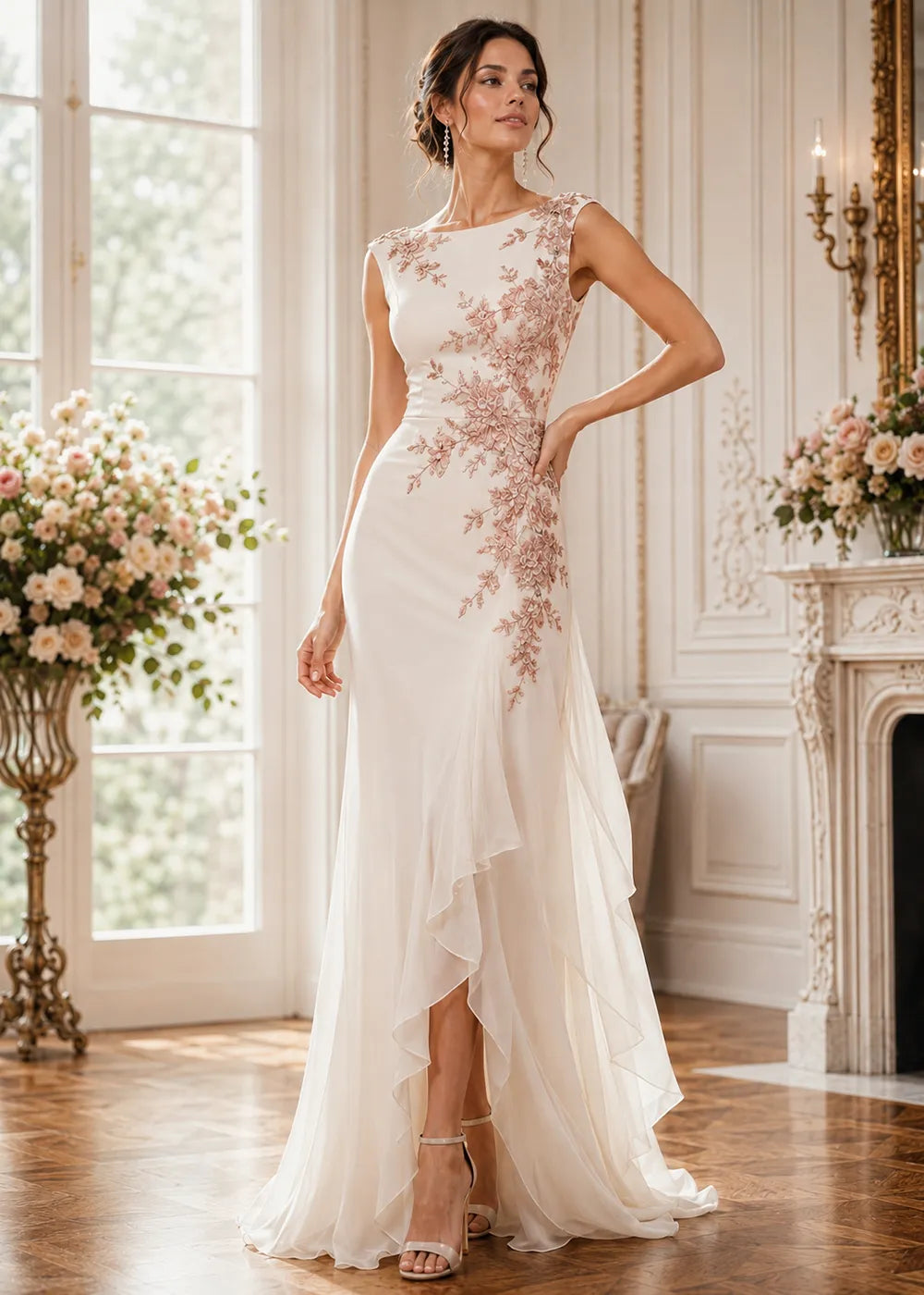 Floral Embellished Ruffle-Hem Formal Gown