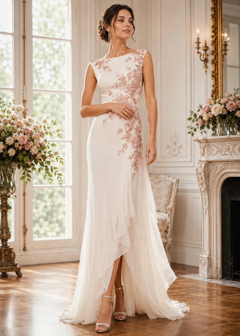 Floral Embellished Ruffle-Hem Formal Gown