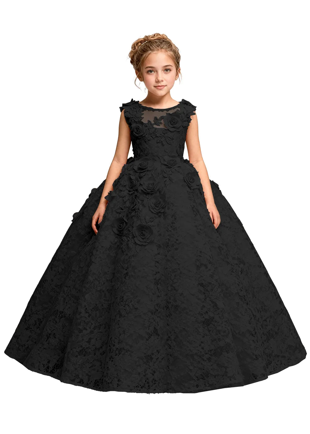Elegant 3D Flower Applique Tulle Princess Dress for Girls
