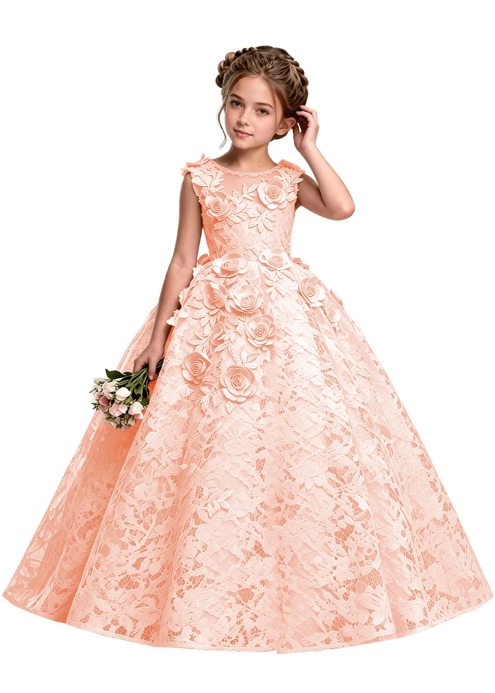 Elegant 3D Flower Applique Tulle Princess Dress for Girls