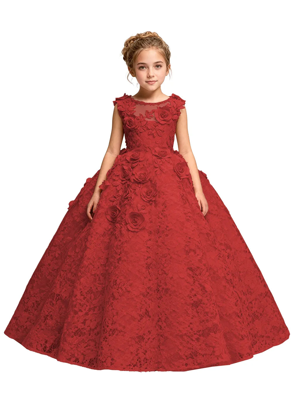 Elegant 3D Flower Applique Tulle Princess Dress for Girls