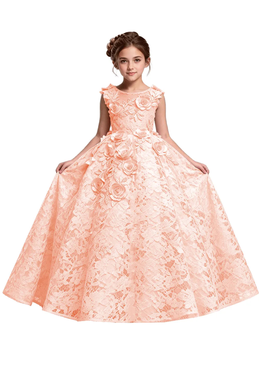 Elegant 3D Flower Applique Tulle Princess Dress for Girls